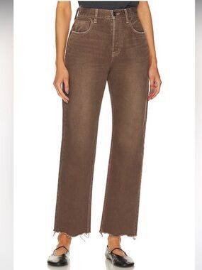 MOUSSY Vintage Emery Wide Straight Raw Hem Button Fly Jeans in Brown - 26